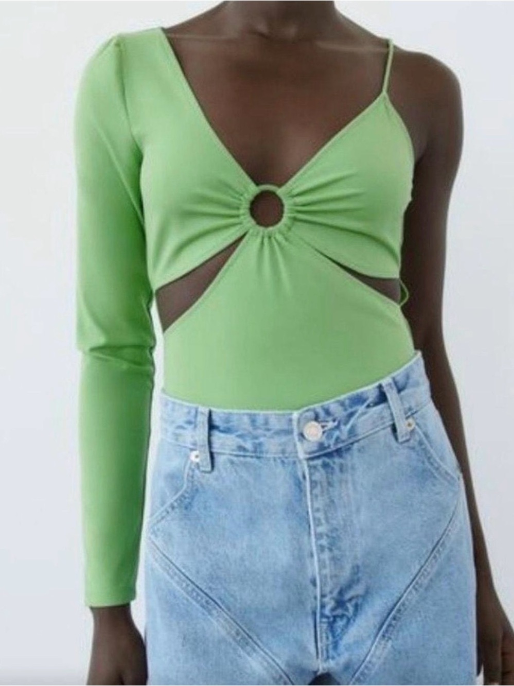 Asymmetric One-Sleeve Cutout Bodysuit in Green